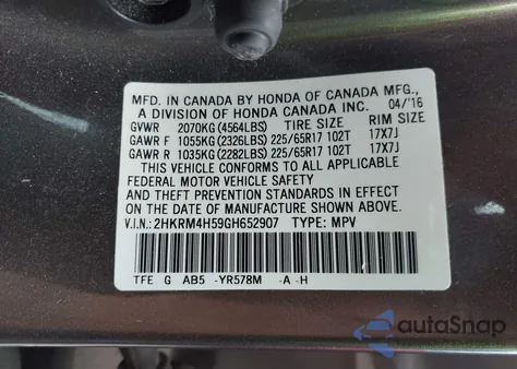 2016 Honda Cr-V Ex from USA, damaged, VIN 2HKRM4H59GH652907